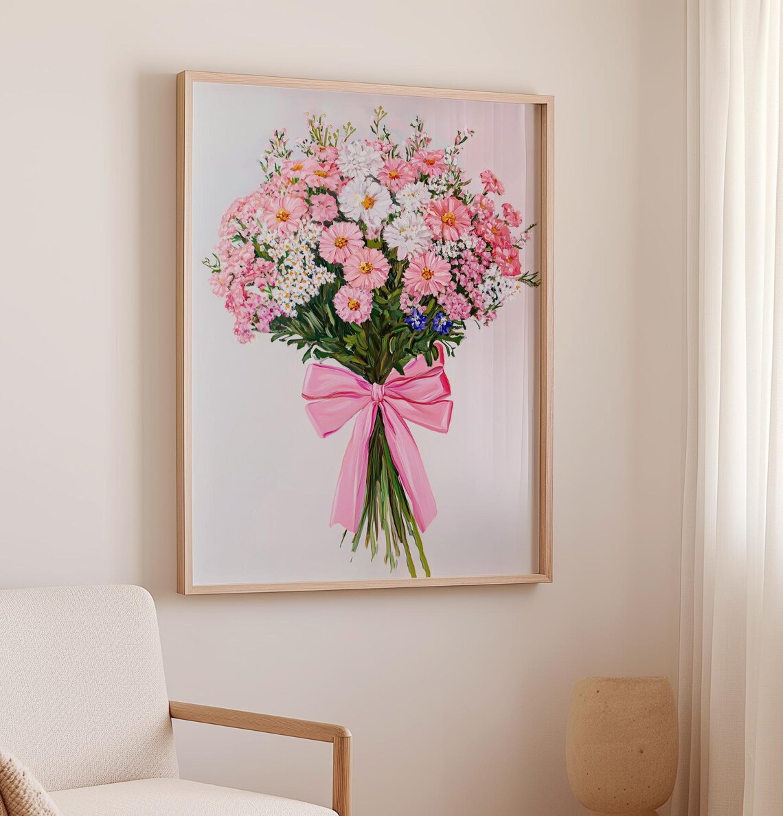 Pink Flowers Bouquet Art Trendy Valentine Preppy Room Decor Pink Flowers Pink Bow Girly Print Roses Oil Painting - Image 2