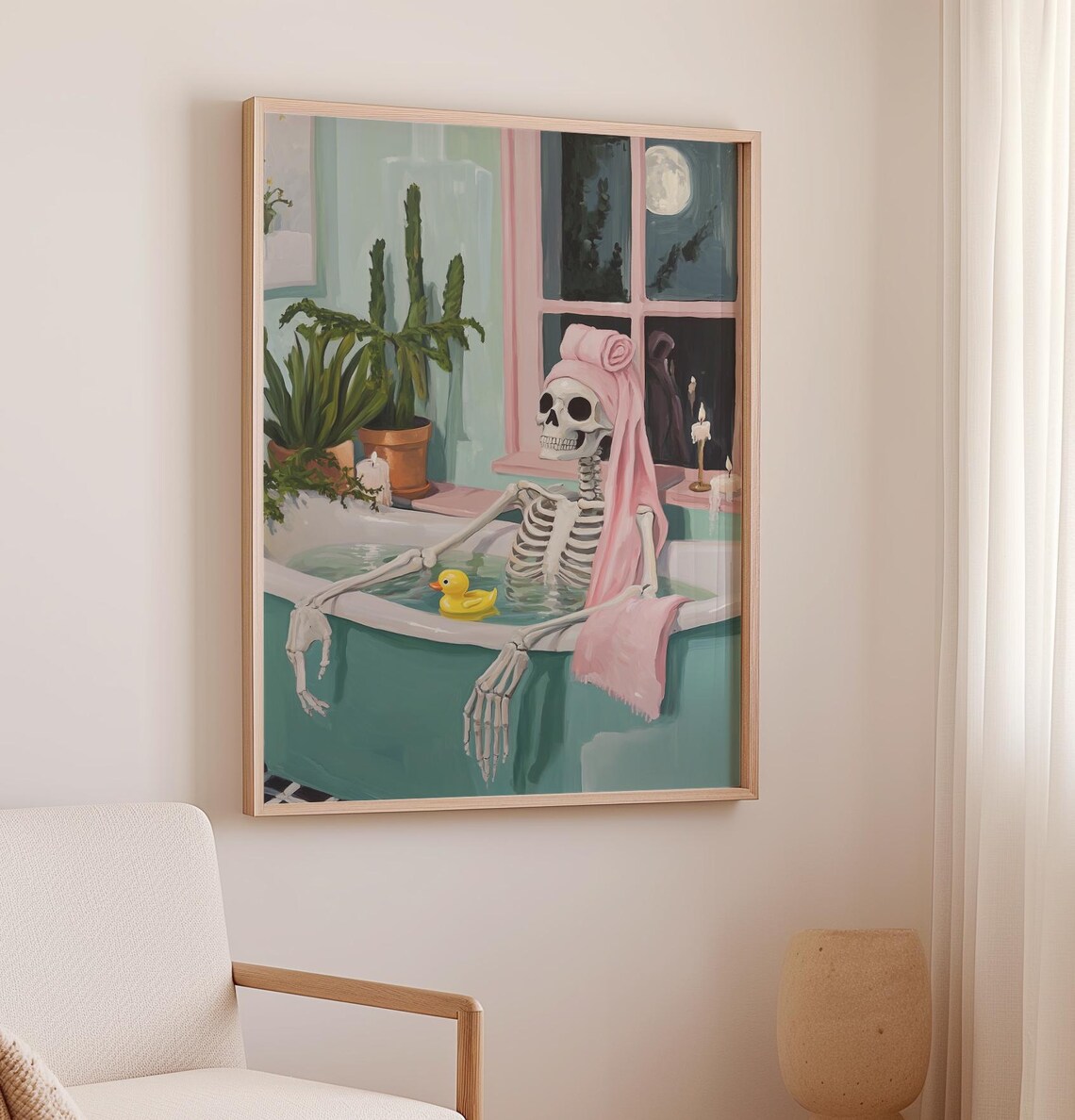 Skeleton in Bathtub, Moonlit Bathroom Wall Art Print - Image 3