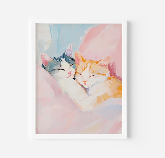 Two Sleeping Kittens Cuddling On Pink Blanket Pastel Cat Poster