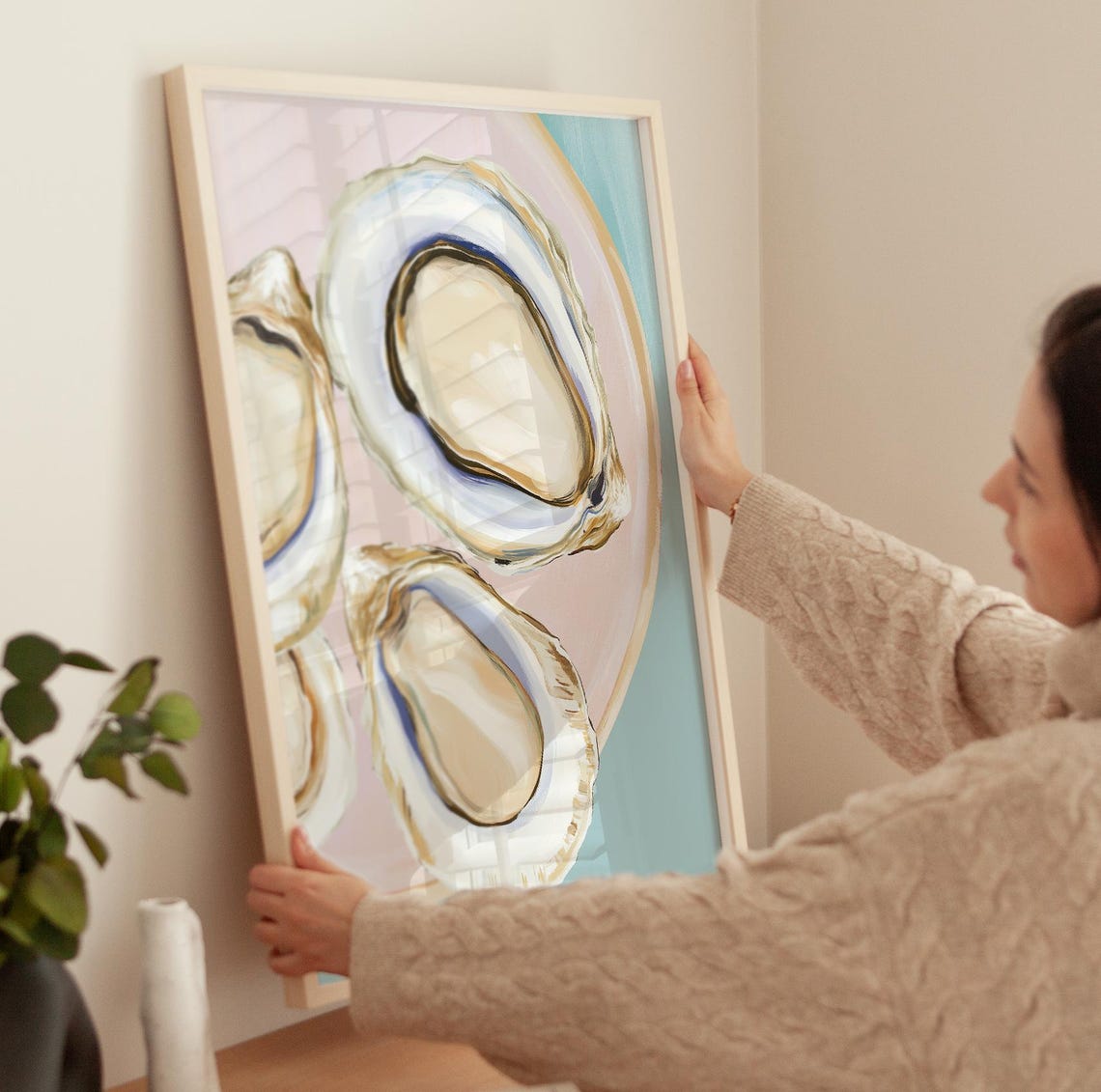 Three Oysters On A Plate Pastel Coastal Seafood Painting Poster - Image 3