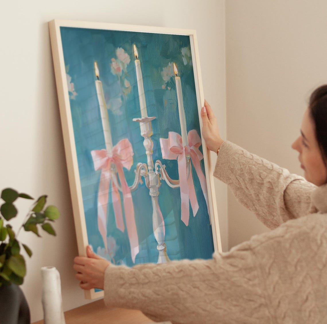 Lit Candelabra With Pink Bows On Teal Elegant Room Art Poster - Image 4