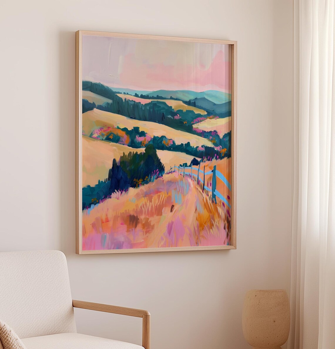 Golden Hills With Fence Path Countryside Landscape Painting Poster - Image 2