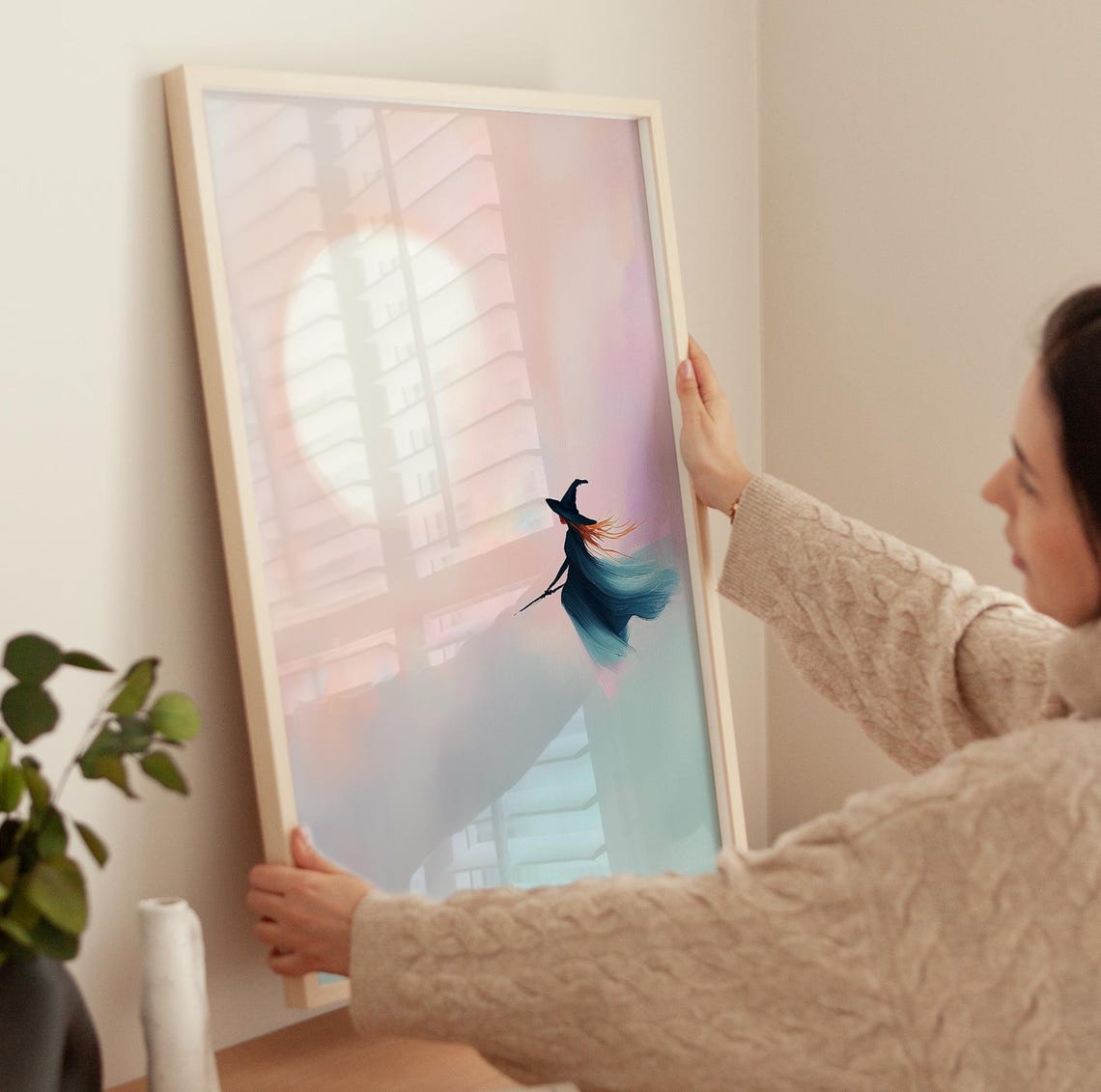 Witch Flying Past Pink Moon Pastel Halloween Night Sky Poster - Image 3
