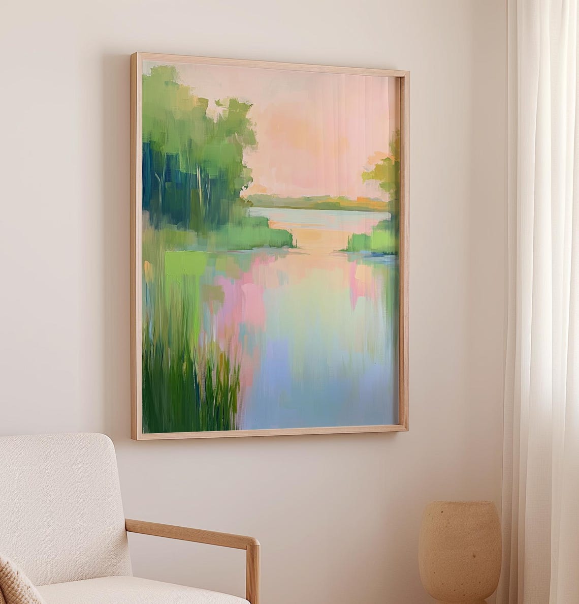 Pastel Lake Sunset Reflections Green Trees Landscape Art Poster - Image 2