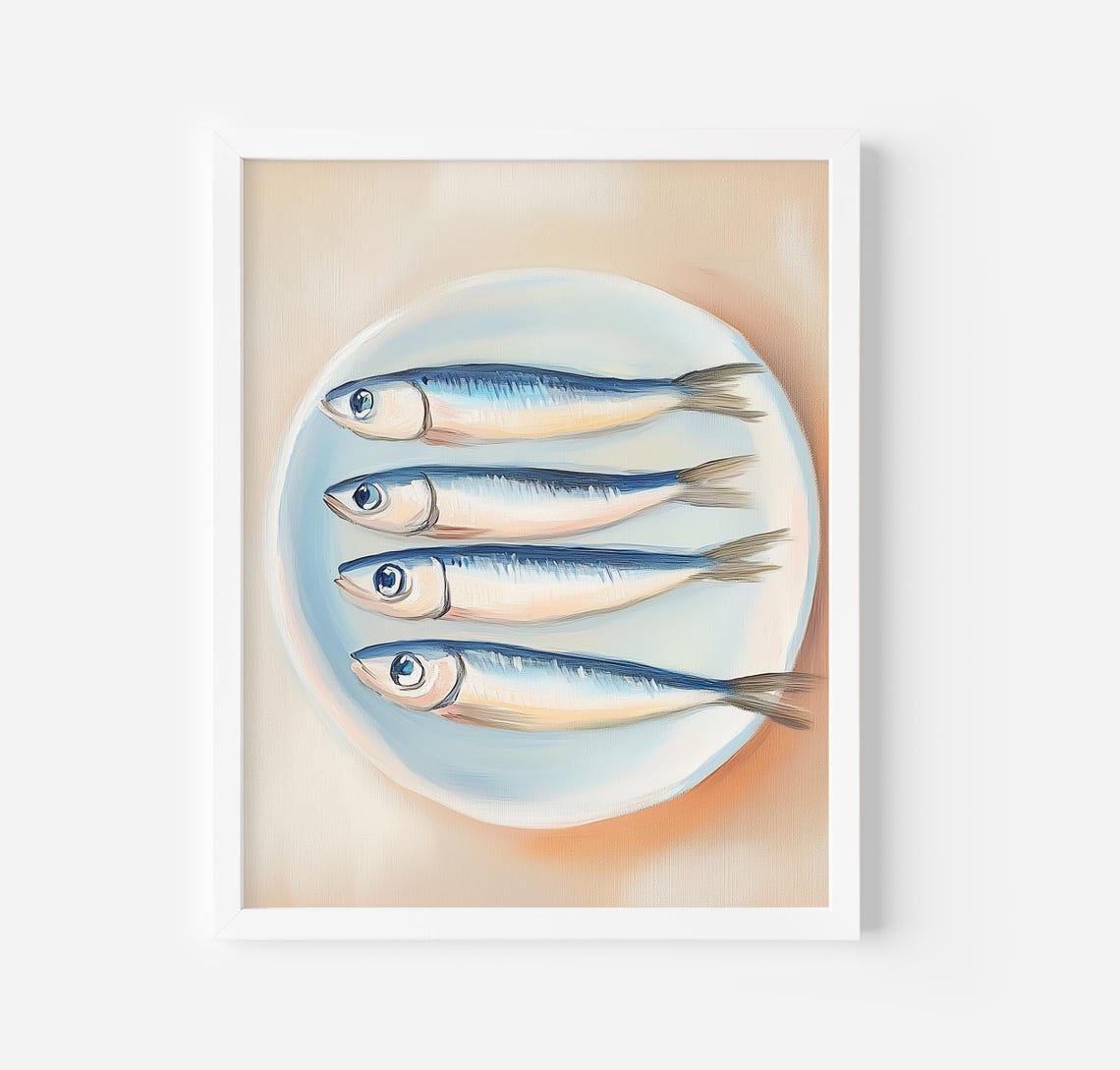 Four Sardines On Blue Plate Retro Seafood Kitchen Painting Poster