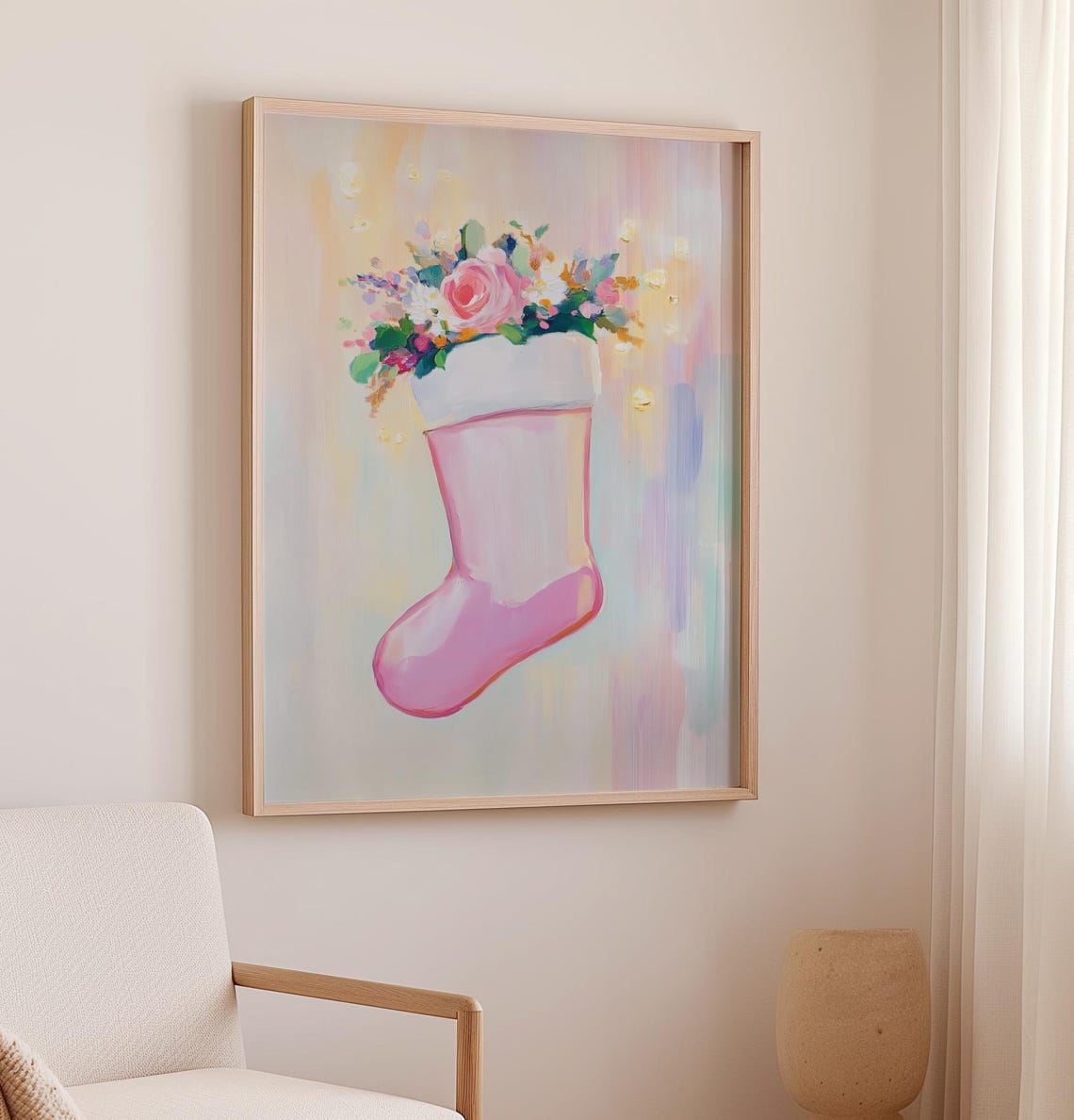 Pink Christmas Stocking Filled With Flowers Pastel Holiday Poster - Image 2