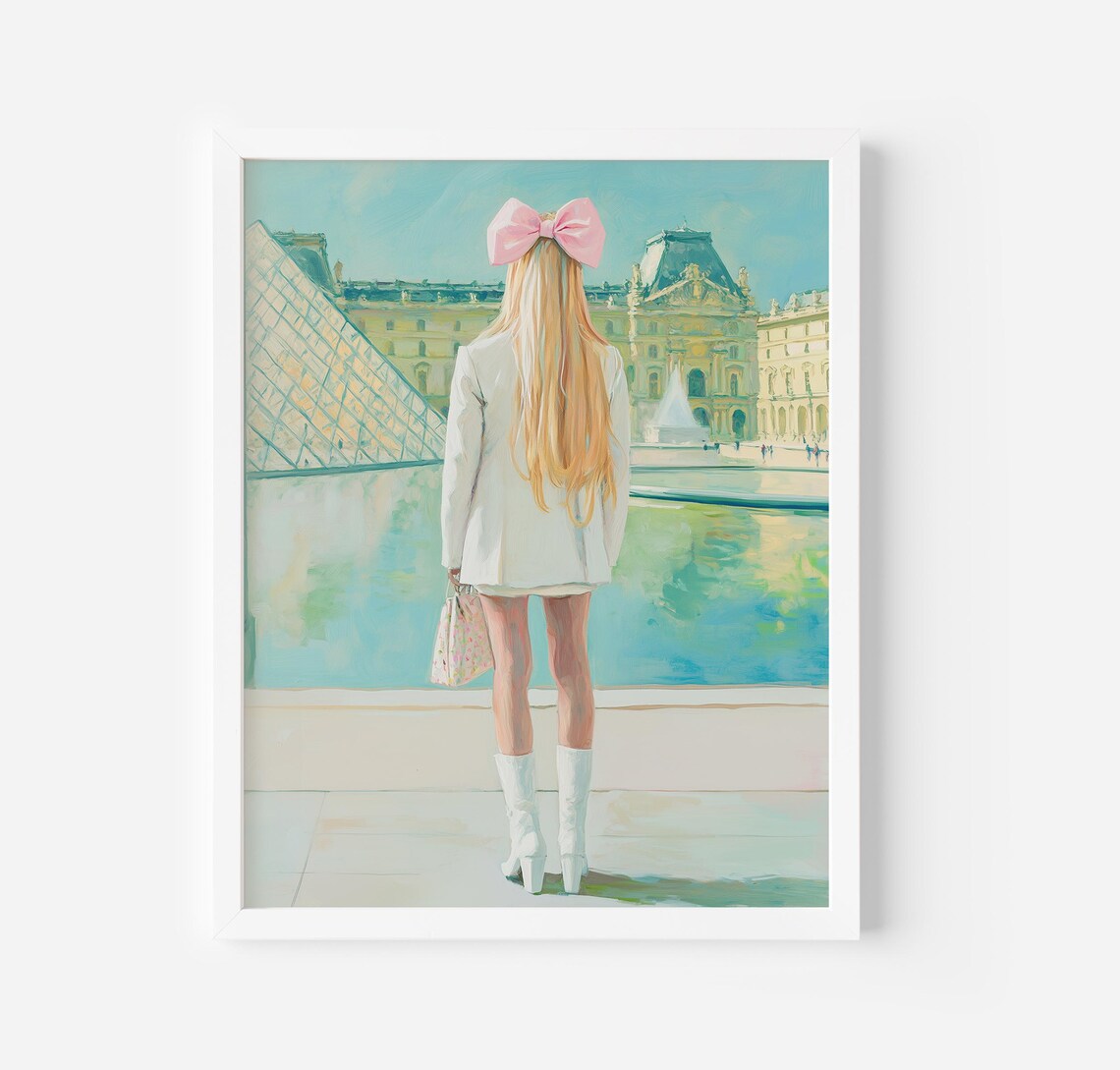 Paris Girl With Pink Bow At Louvre Museum Pyramid Art Poster - Image 4