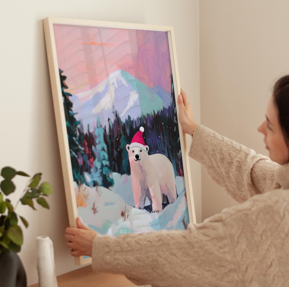 Polar Bear In Santa Hat In Snowy Mountain Winter Sunset Art Poster - Image 3