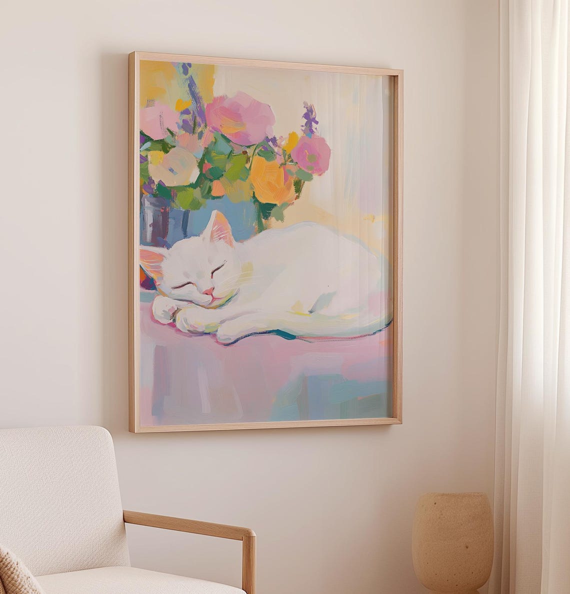 Sleeping White Cat With Pastel Flower Bouquet Floral Cat Poster - Image 2