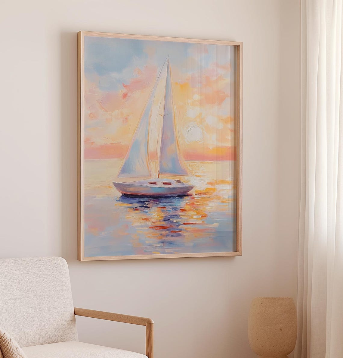 Sailboat On Golden Sunset Water Pastel Sailing Painting Poster - Image 2