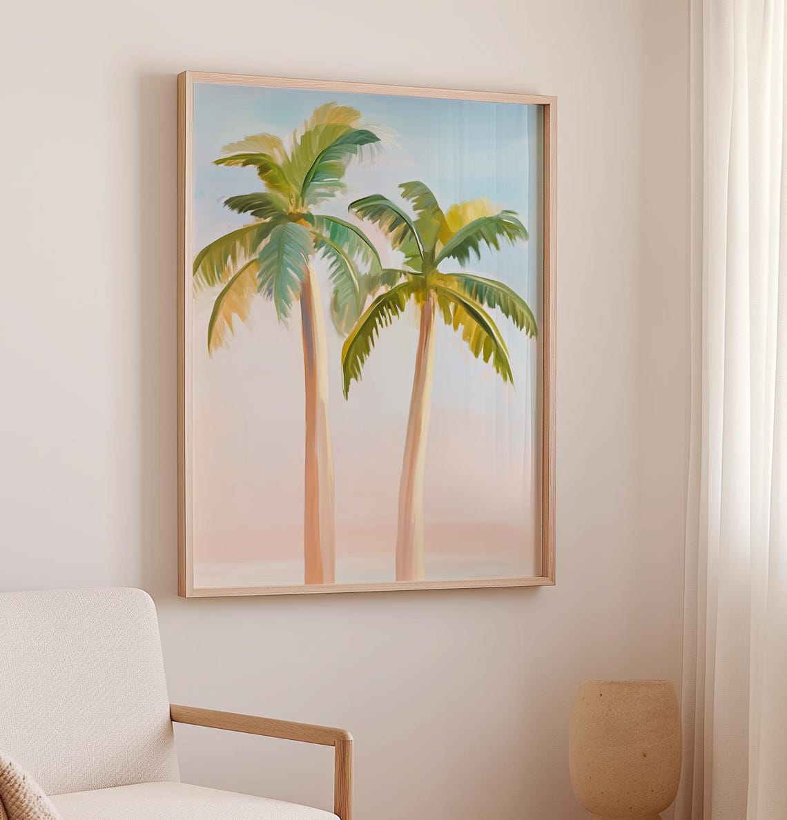 Two Tall Palm Trees Against Pastel Sky Tropical Painting Poster - Image 2