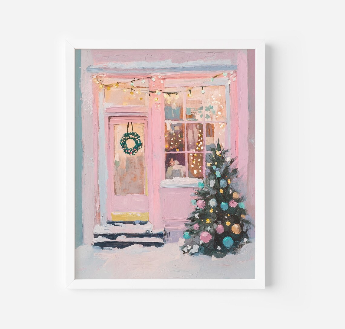 Snowy Pink Coffee Shop Storefront With Wreath Christmas Art Poster
