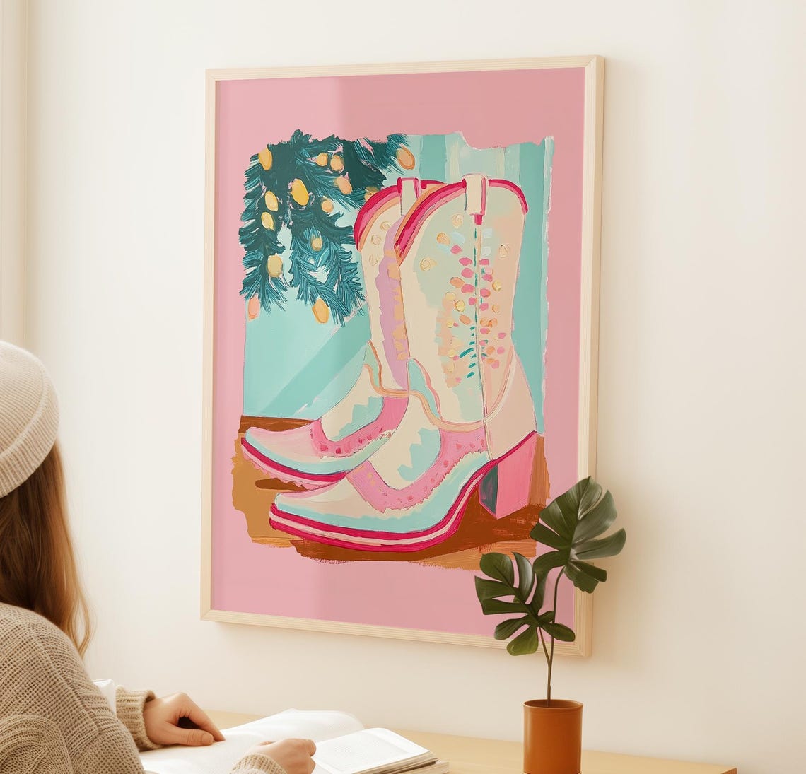 Cowgirl Boots Painting Pink Western Print Coastal Kids Room Print Southern Pastel Wall Decor Girly Trendy Cowgirl Art - Image 3