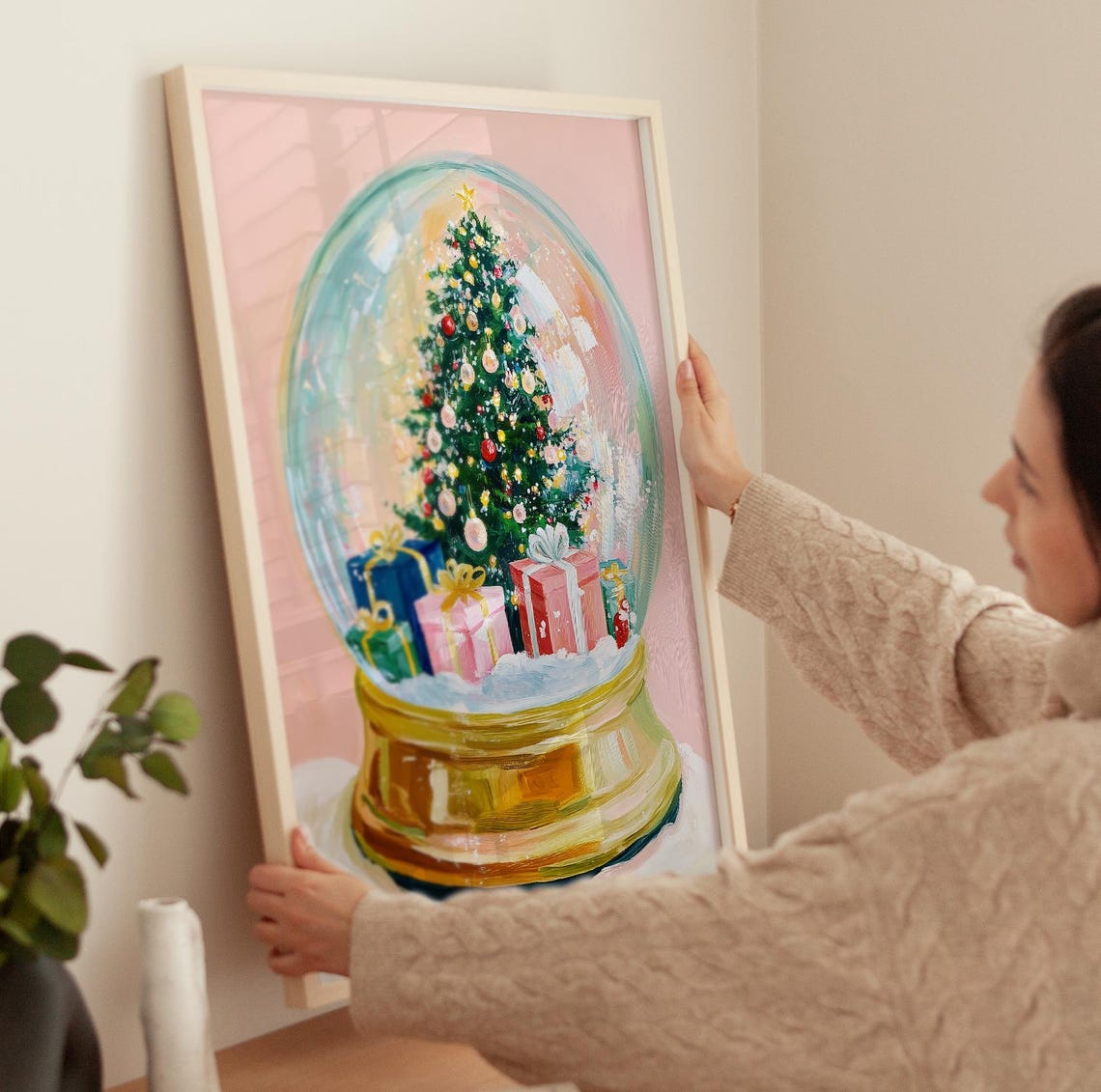 Snow Globe With Christmas Tree And Gifts On Blush Pink Art Poster - Image 3