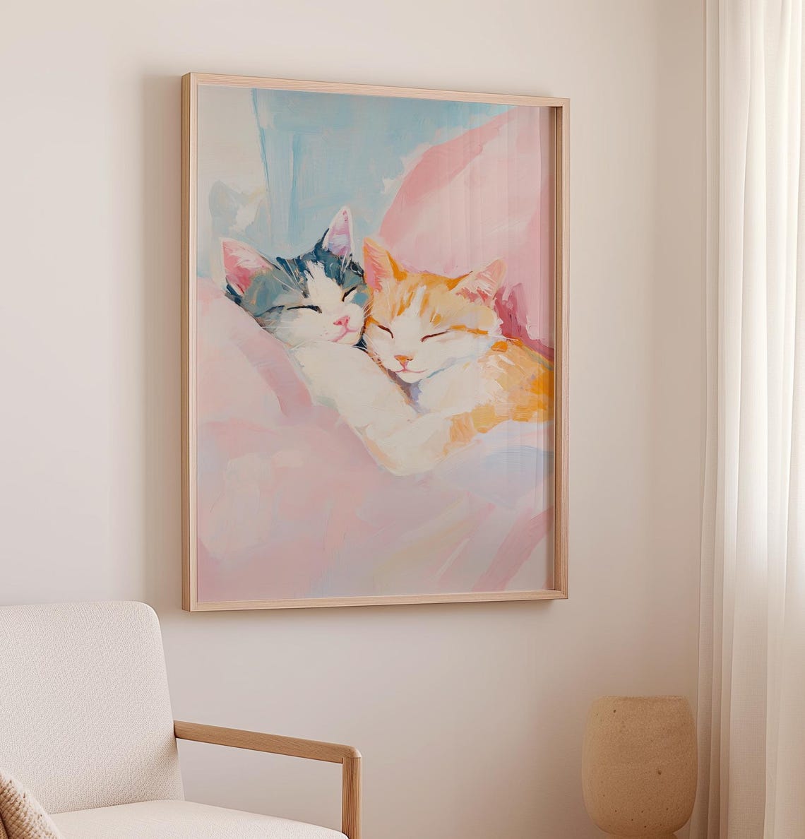Two Sleeping Kittens Cuddling On Pink Blanket Pastel Cat Poster - Image 2
