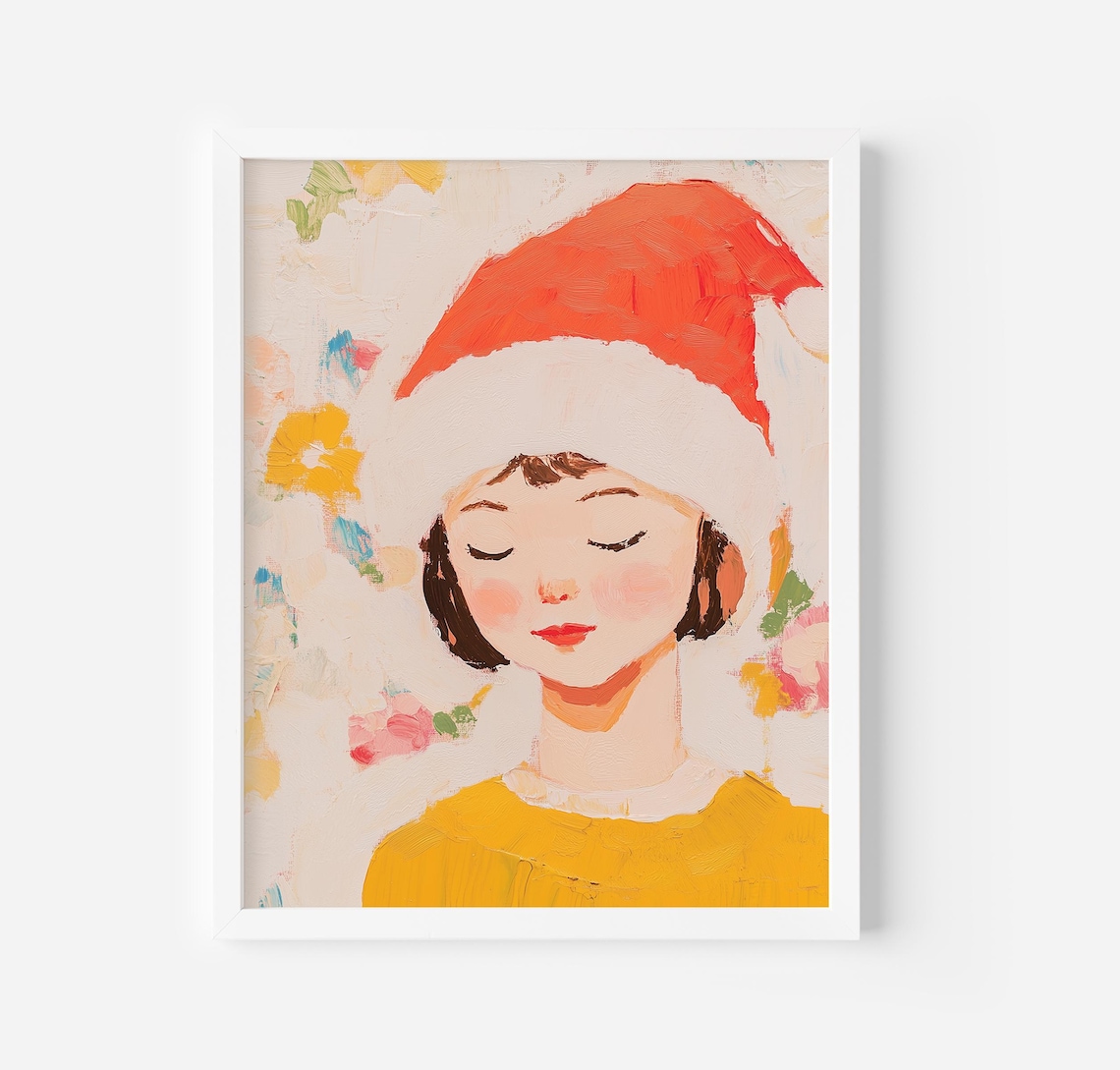 Dreamy Girl In Santa Hat Pastel Floral Christmas Portrait Poster
