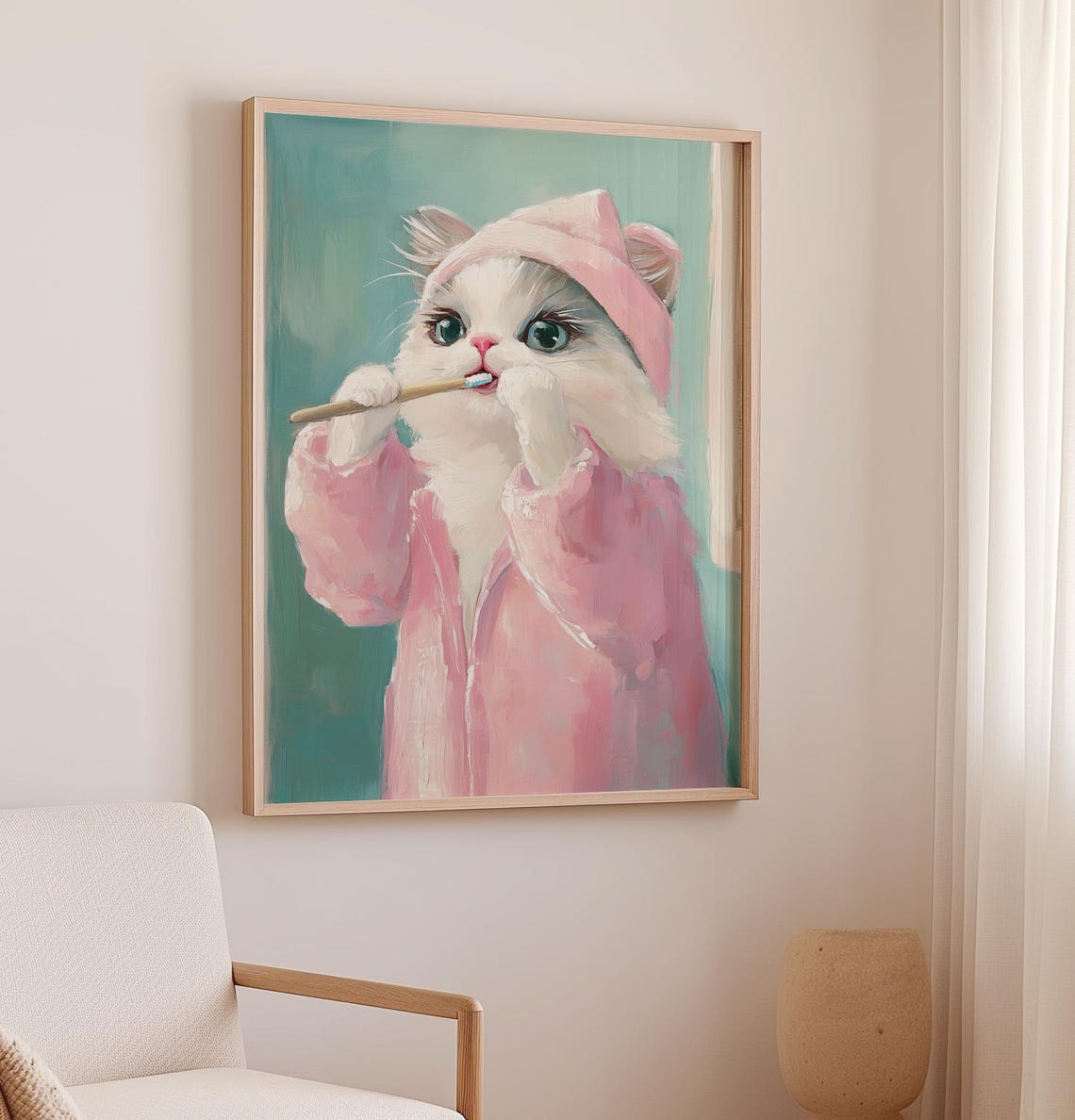 Cute Cat Brushing Teeth Pink Bathrobe Bathroom Funny Kitten Art Poster - Image 3