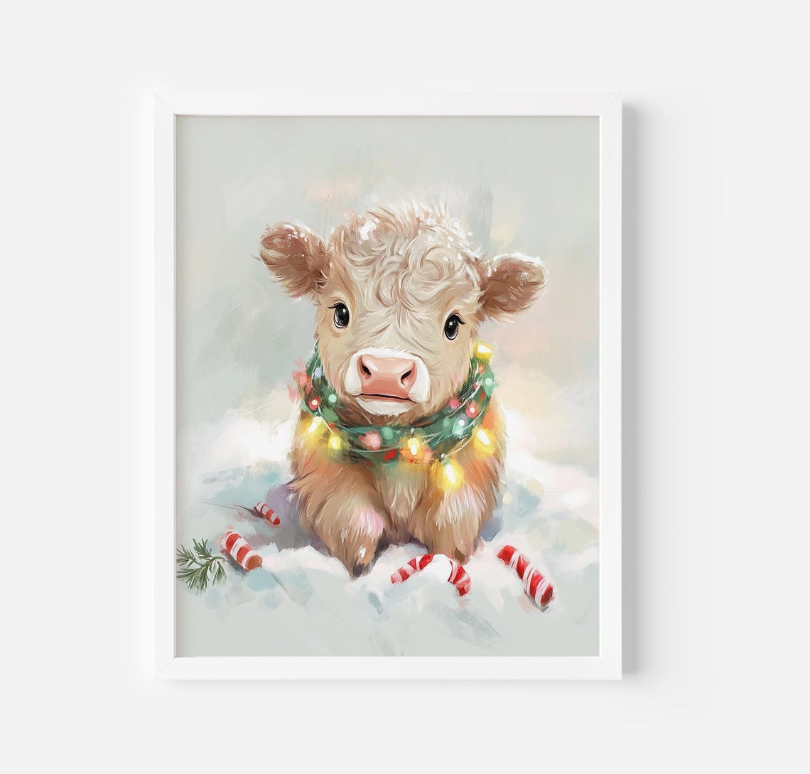 Highland Cow Christmas Print Winter Wonderland Holiday Season Gallery Art Snowy Baby Cow Art Print Cozy Winter Festive Decor