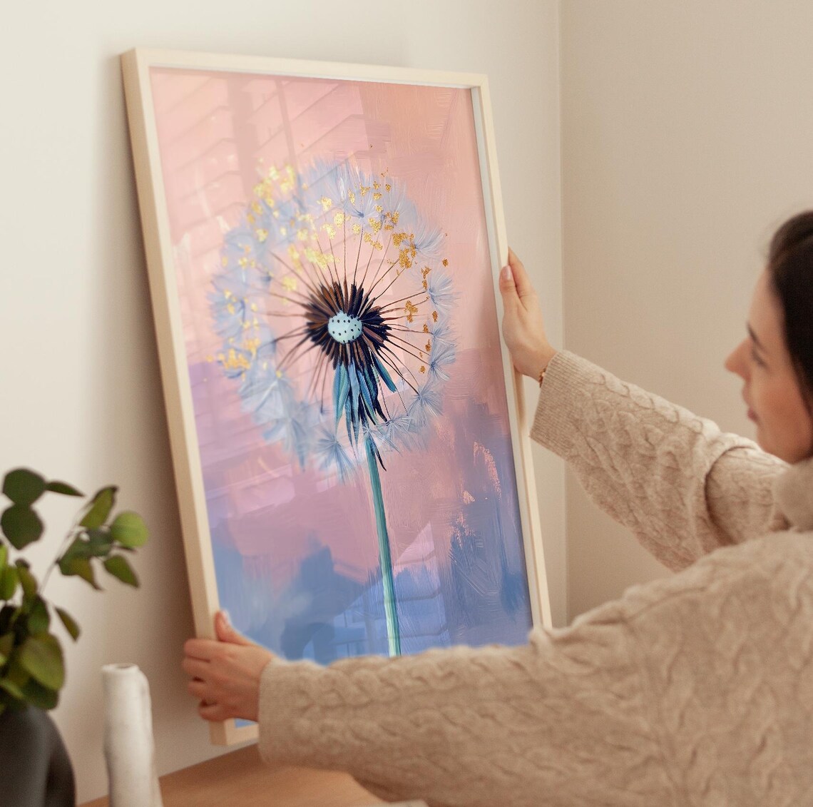 Dandelion Pastel Pink Floral Oil Painting With Gold Accents Poster - Image 3