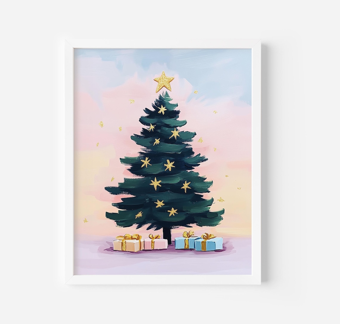 Green Christmas Tree With Gold Stars And Gifts Pastel Sky Art Poster