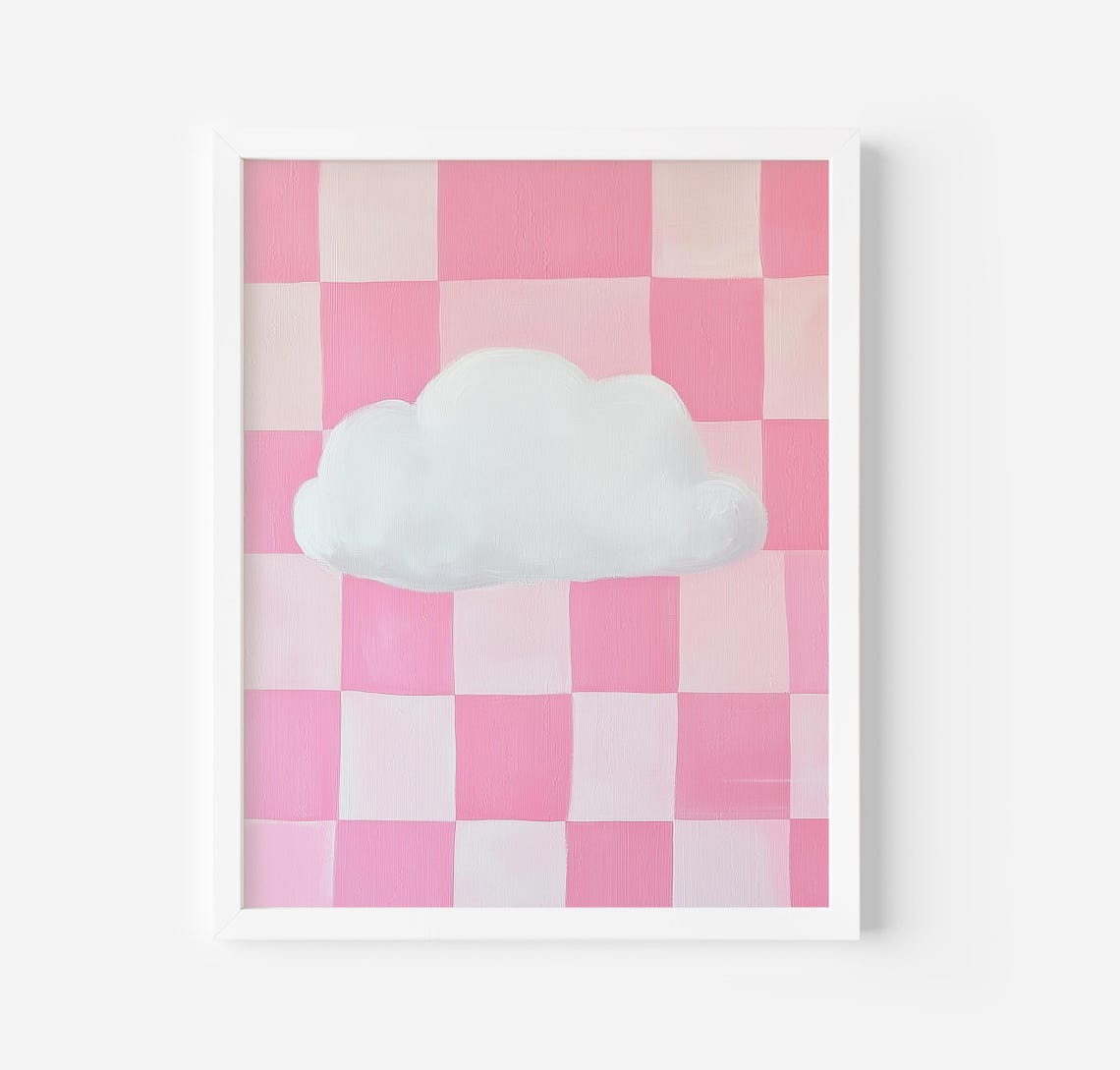 White Cloud On Pink Checkered Pattern Nursery Abstract Poster - Image 3