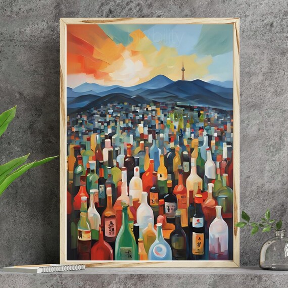 Seoul Soju Bottle Buildings Painting Print Window To South Korea Bibimbap Makgeolli Korean Bbq Artwork Abstract Matisse Style N Tower