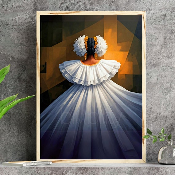 Panama Pollera Dark Geometric Abstract Painting Print Neutral White Dance Vertical Poster Panamanian American Traditional Dress Decor Gift