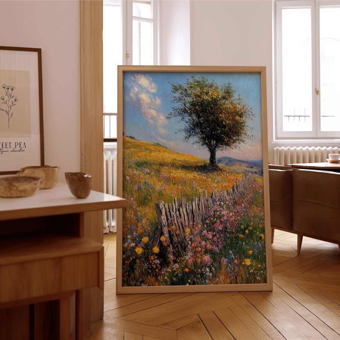 Wildflower Meadow Lone Tree Rustic Fence Impressionist Art Poster