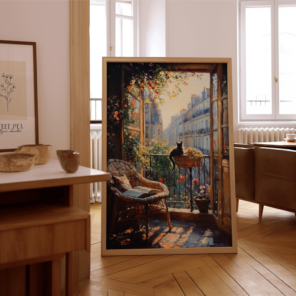 Paris Balcony Poster Impressionist City Street Black Cat Flower View Art