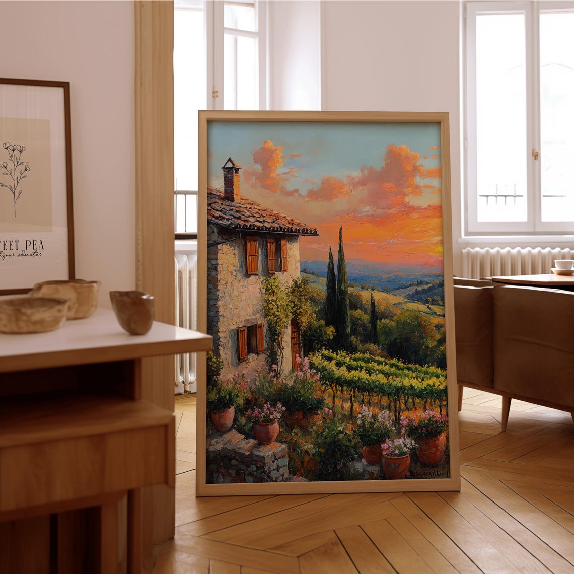Italian Villa Sunset Vineyard Cypress Landscape Painting Poster