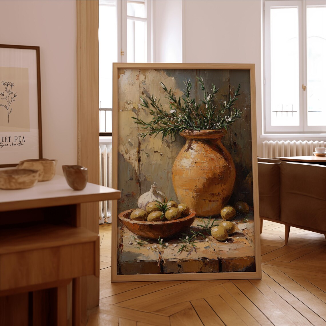 Terracotta Vase Olive Branches Rustic Still Life Painting Poster