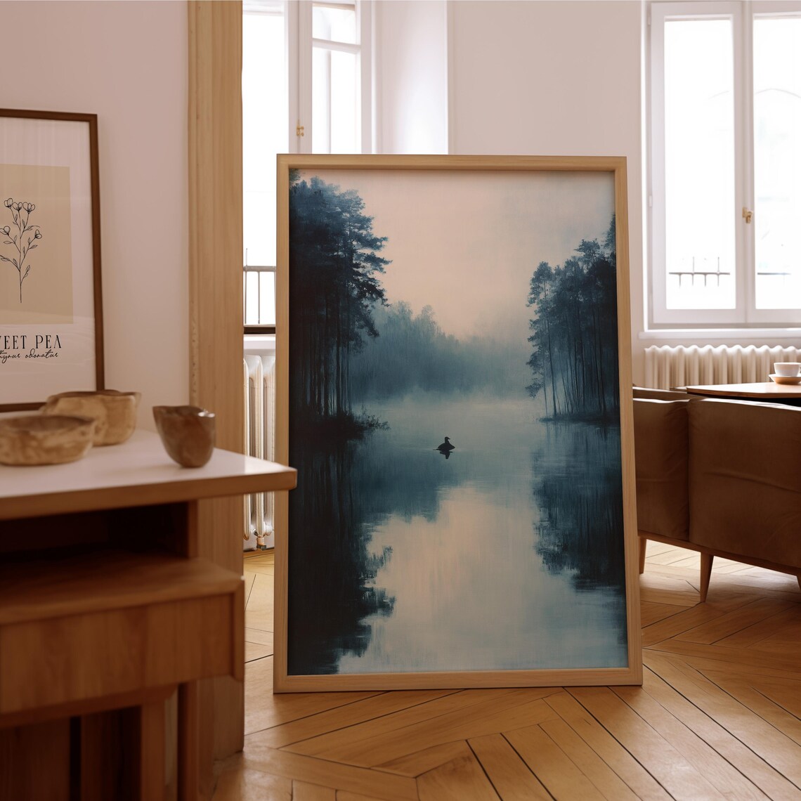 Misty Blue Lake Lone Duck Foggy Pines Serene Waterscape Art Poster