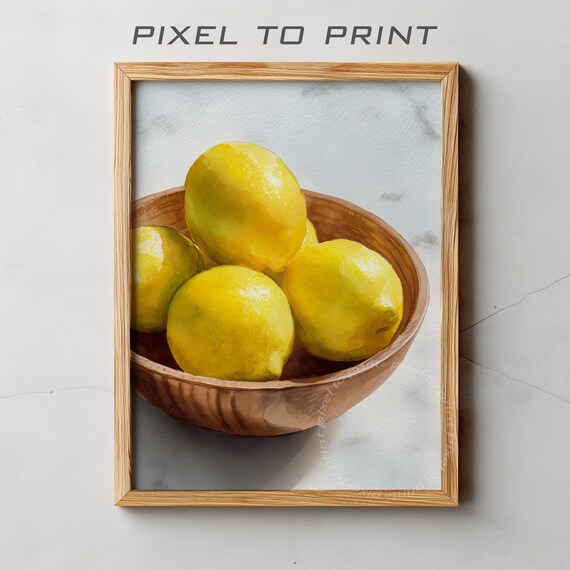 Wooden Bowl of Bright Lemons Watercolor Still Life Kitchen Poster