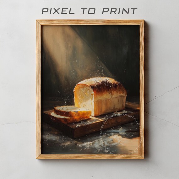 Rustic Golden Bread Loaf On Cutting Board Dark Oil Painting Kitchen Print