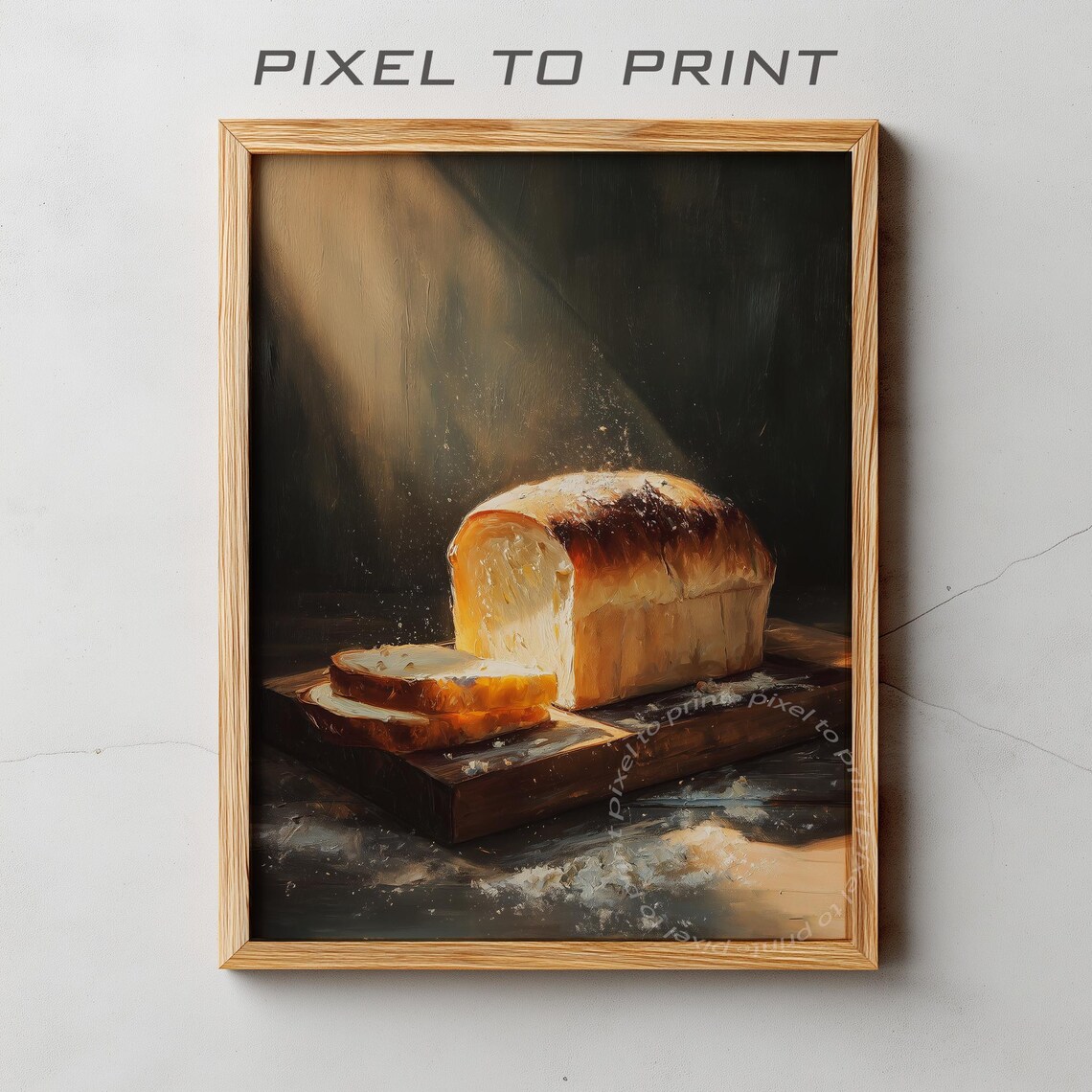 Rustic Golden Bread Loaf On Cutting Board Dark Oil Painting Kitchen Print