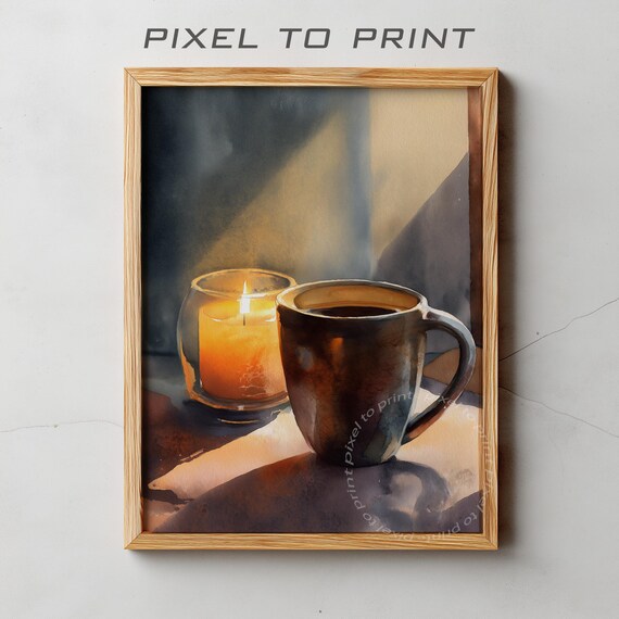Coffee Mug and Lit Candle Warm Glow Watercolor Kitchen Art Print