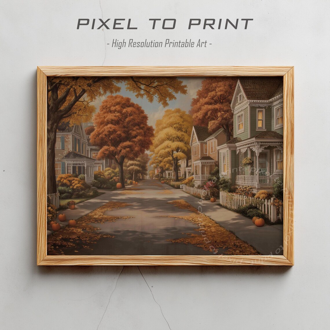 Vintage Autumn Street Painting Fall Foliage Pumpkins Houses Poster