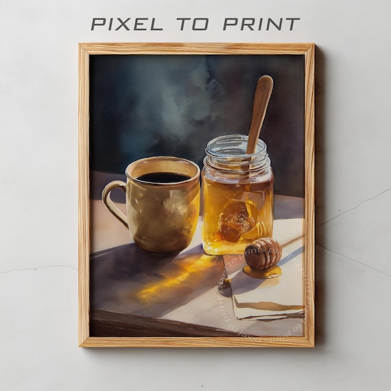 Coffee Mug Honey Jar Watercolor Cozy Kitchen Breakfast Art Poster