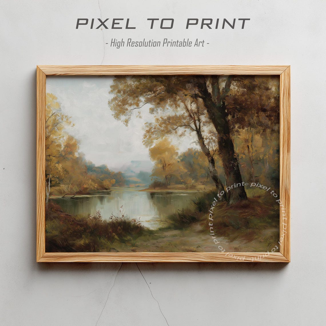 Vintage Autumn Lake Landscape Fall Forest Wall Art Muted Rustic Farmhouse Decor