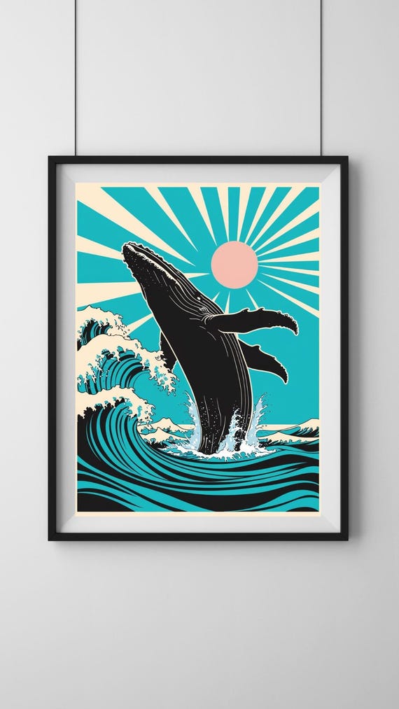 Whale Breaching In Sea Waves Wall Art Retro Pastel Print Design Bedroom Prints Bathroom Decor Bright Ocean Artwork