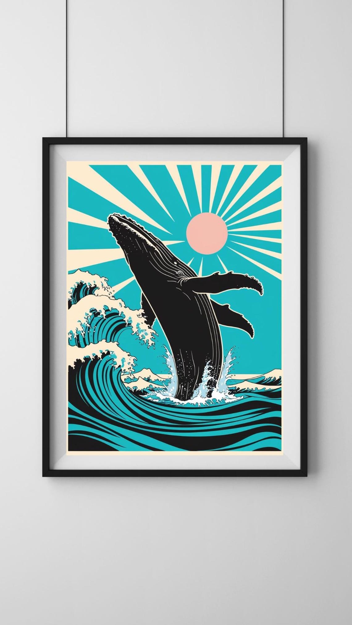 Retro Whale Breaching Sea Waves Pastel Sunburst Design Art Poster