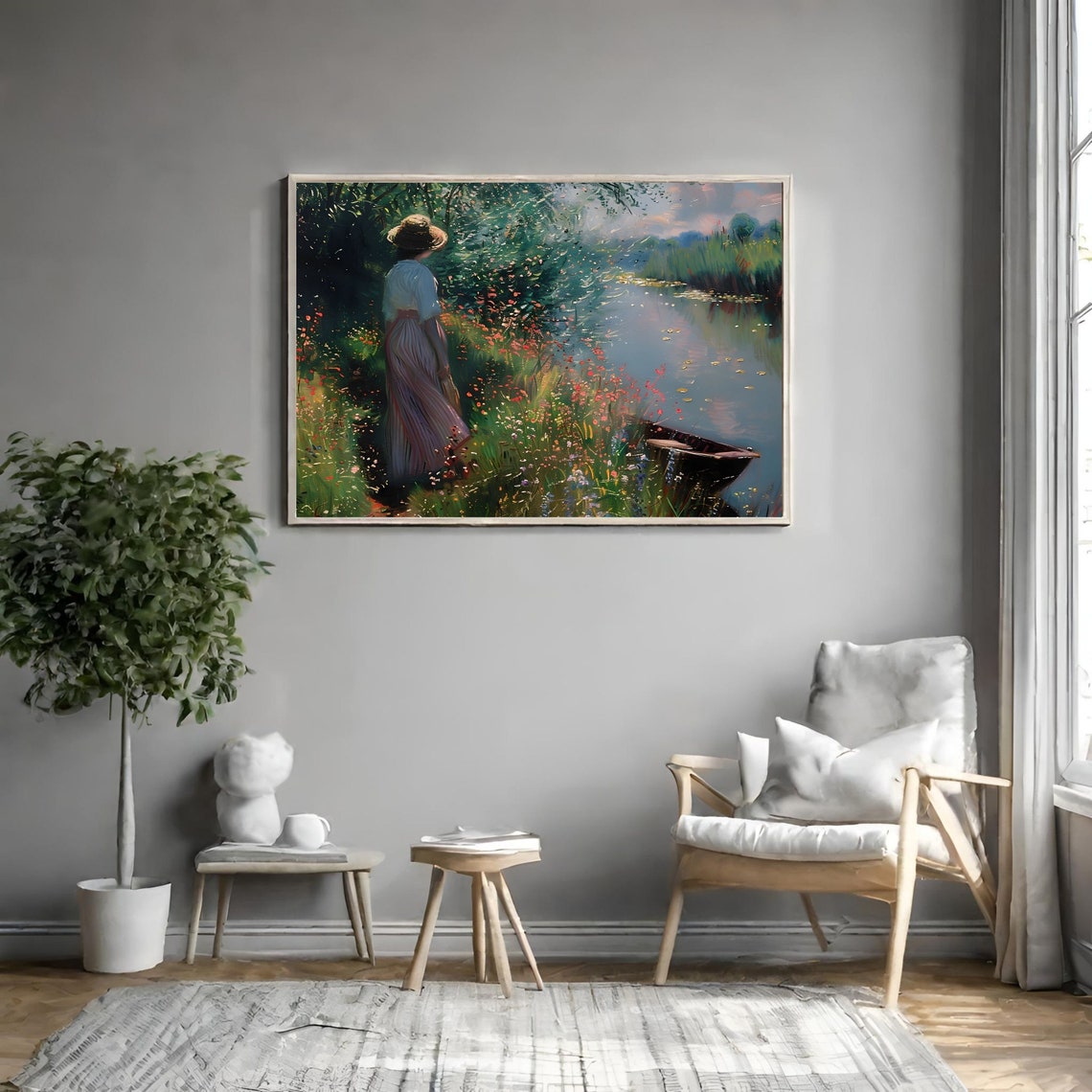Woman In Wildflower Field Oil Painting Antique Victorian Woman Portrait Vintage Landscape Floral Wall Art Summer Print - Image 3