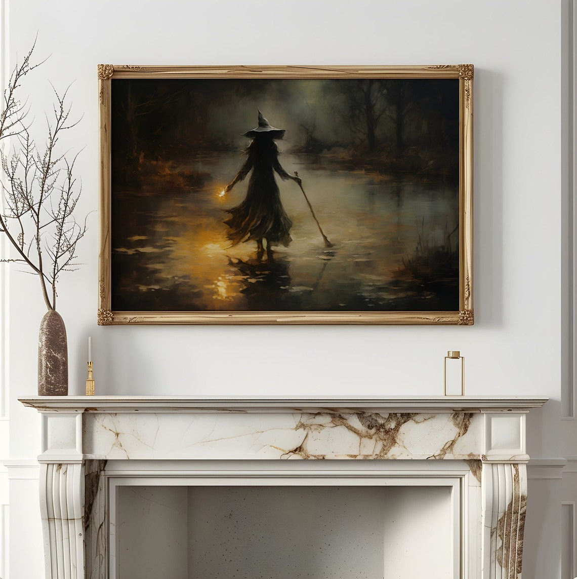 Witch Wading Misty Marsh Night Lantern Vintage Oil Painting Poster - Image 3