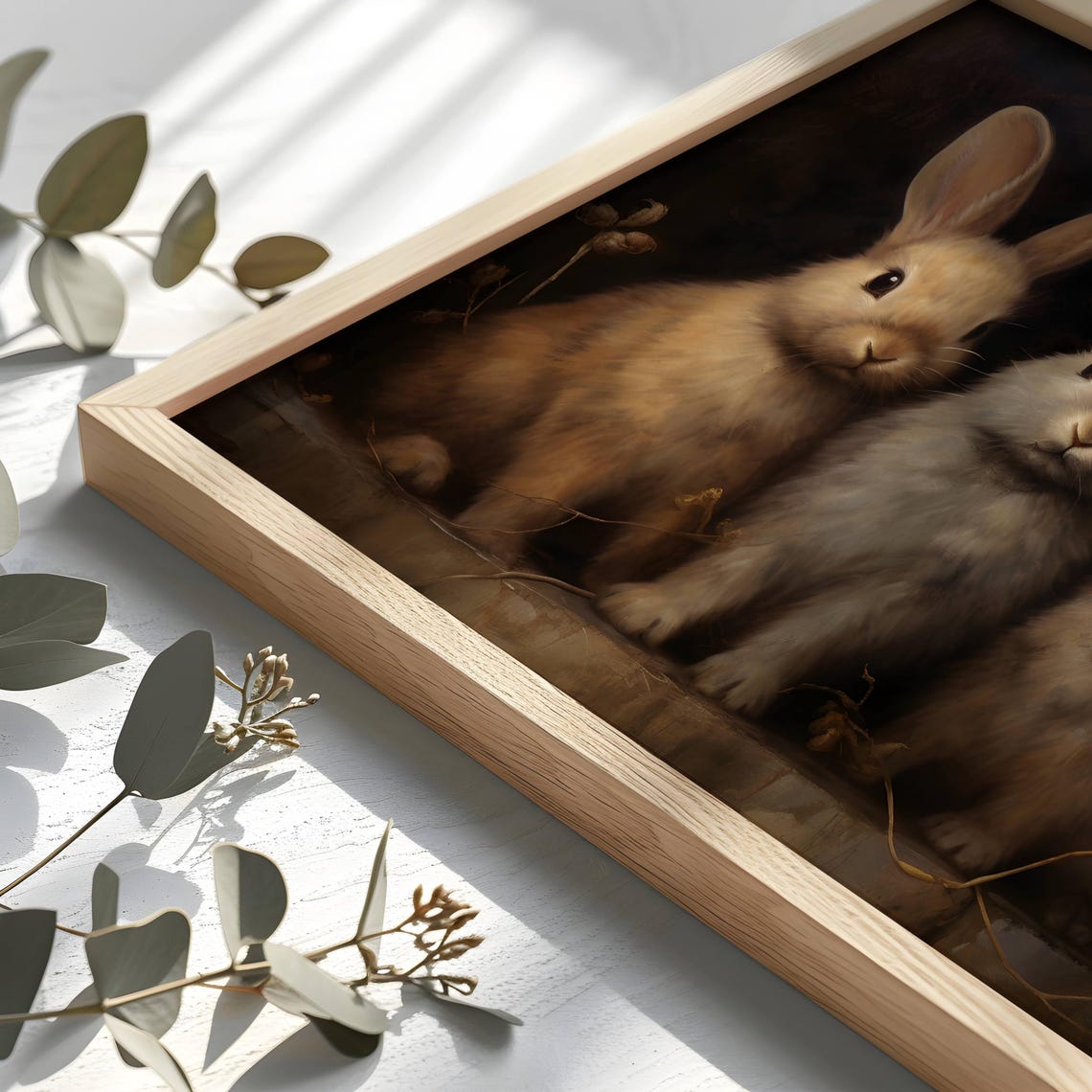 Three Baby Bunnies Sitting Together Moody Vintage Rabbit Poster - Image 2