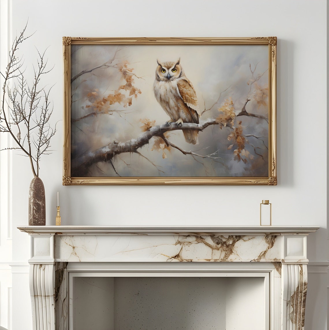 Great Horned Owl on a Branch Moody Wildlife Portrait Painting Poster - Image 3