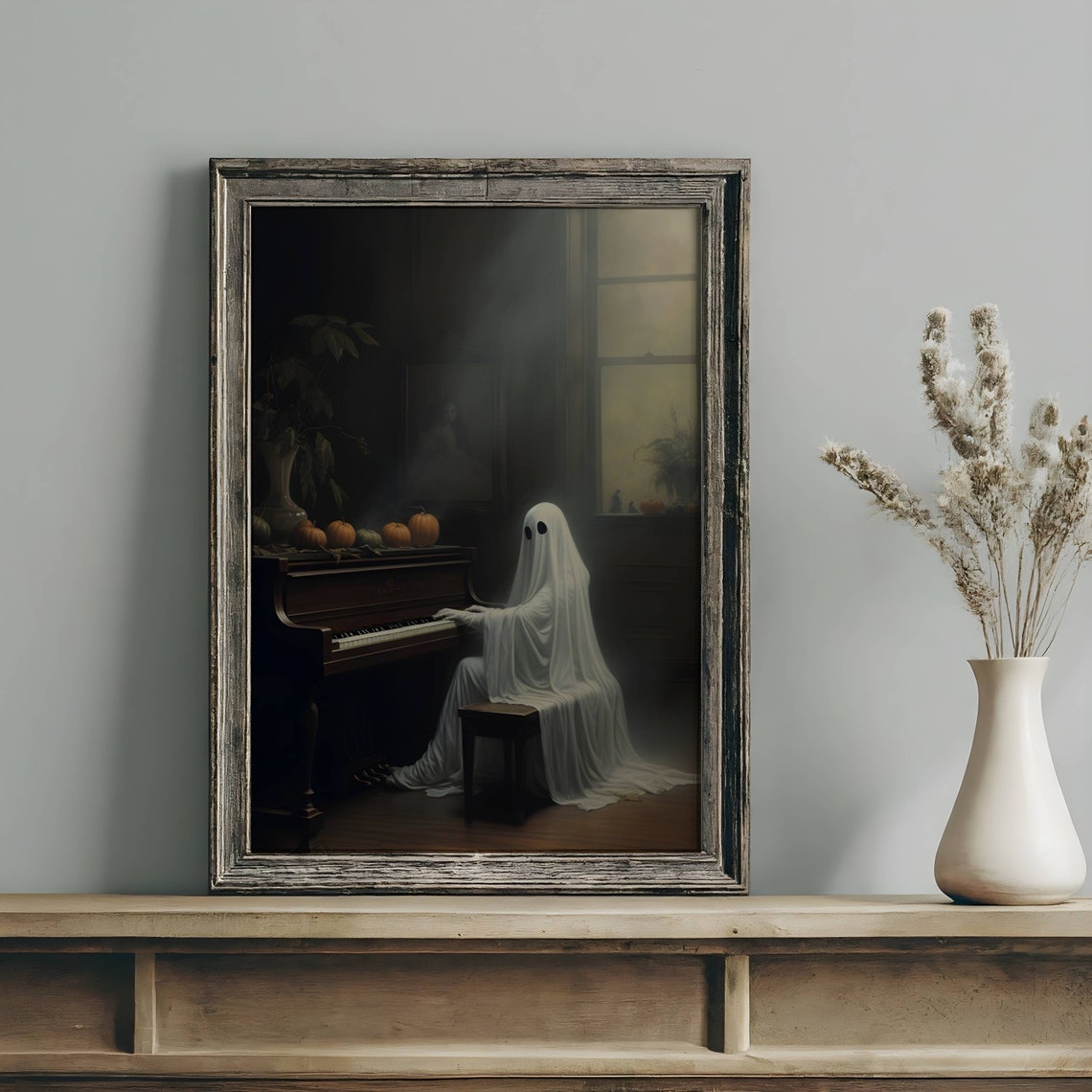 Ghost Playing Piano Dark Parlor Pumpkins Halloween Music Poster - Image 2