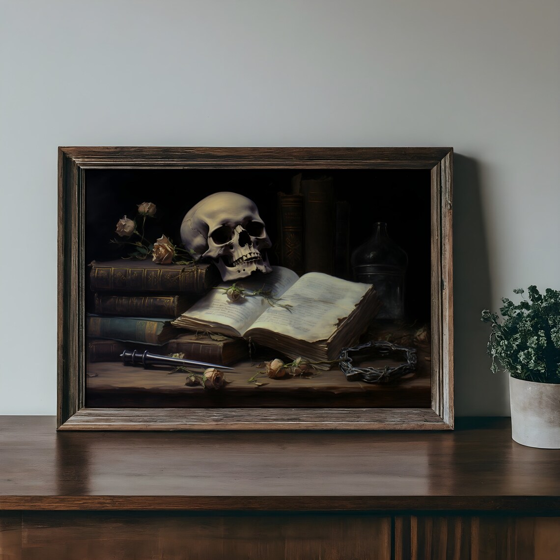 Skull Still Life with Antique Books Dark Academia Painting Poster - Image 3