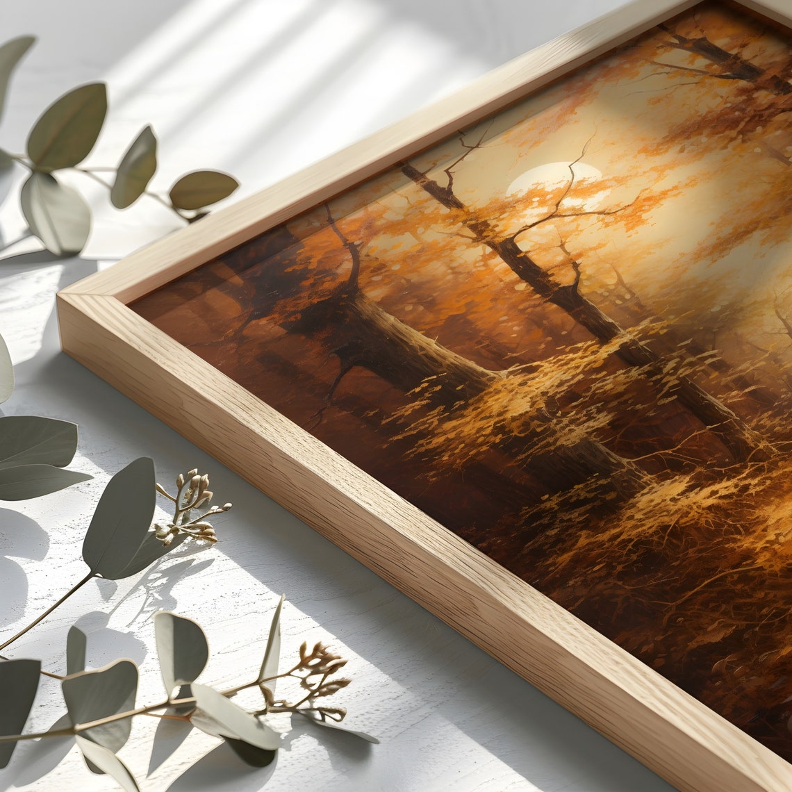 Misty Autumn Forest Path with Sunlight Woodland Painting Poster - Image 2