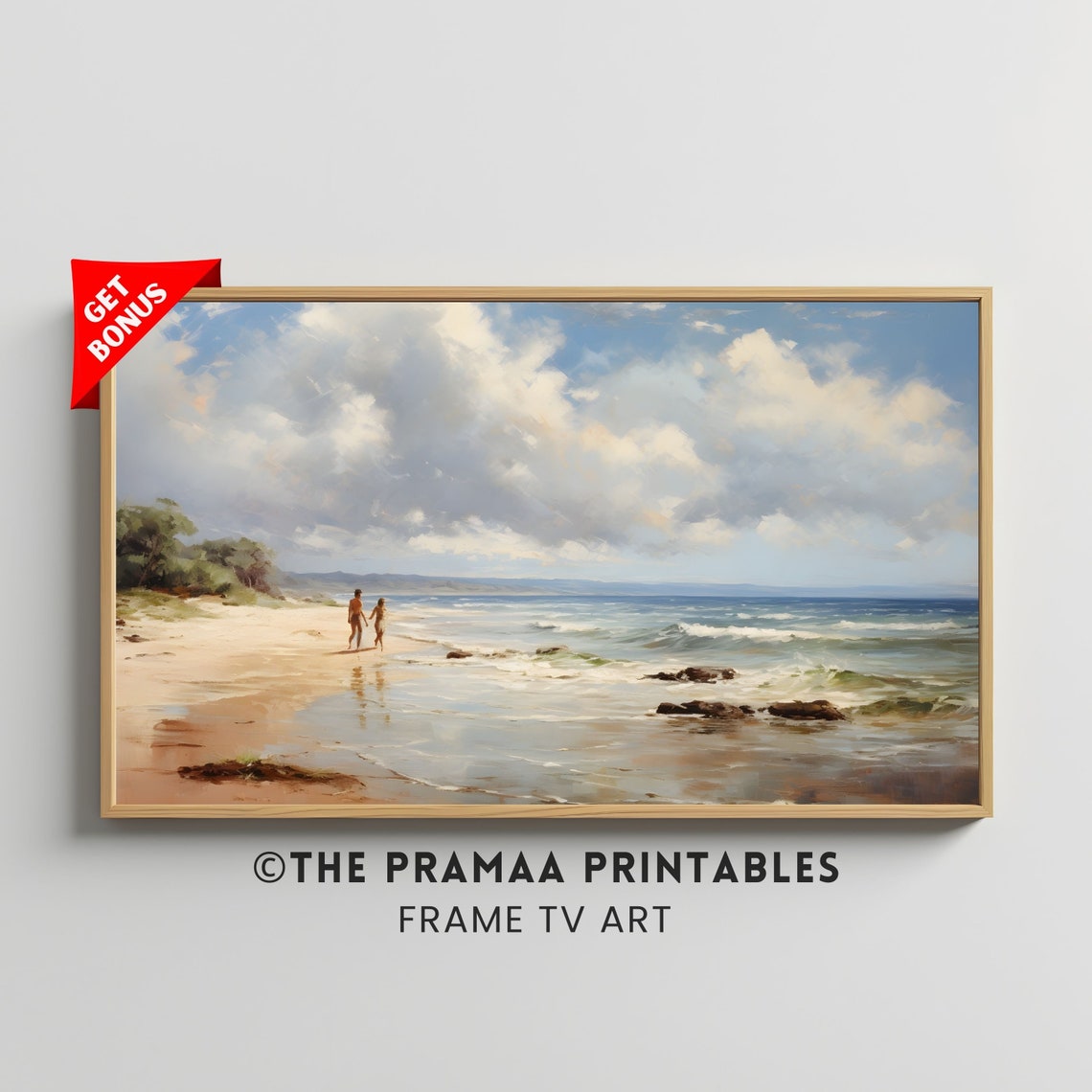 Couple Walking on Sandy Beach Vintage Coastal Painting Poster