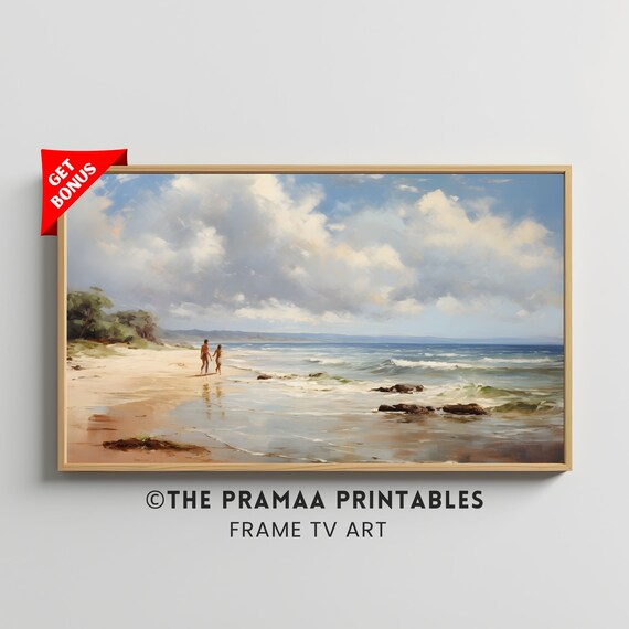Couple Walking on Sandy Beach Vintage Coastal Painting Poster